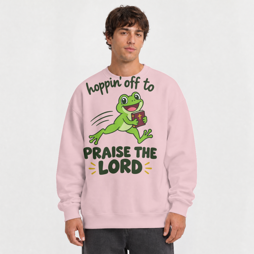 Hoppin' Off to Praise the Lord Shirt – Funny Frog Christian Tee – Crewneck Sweatshirt in Light Pink