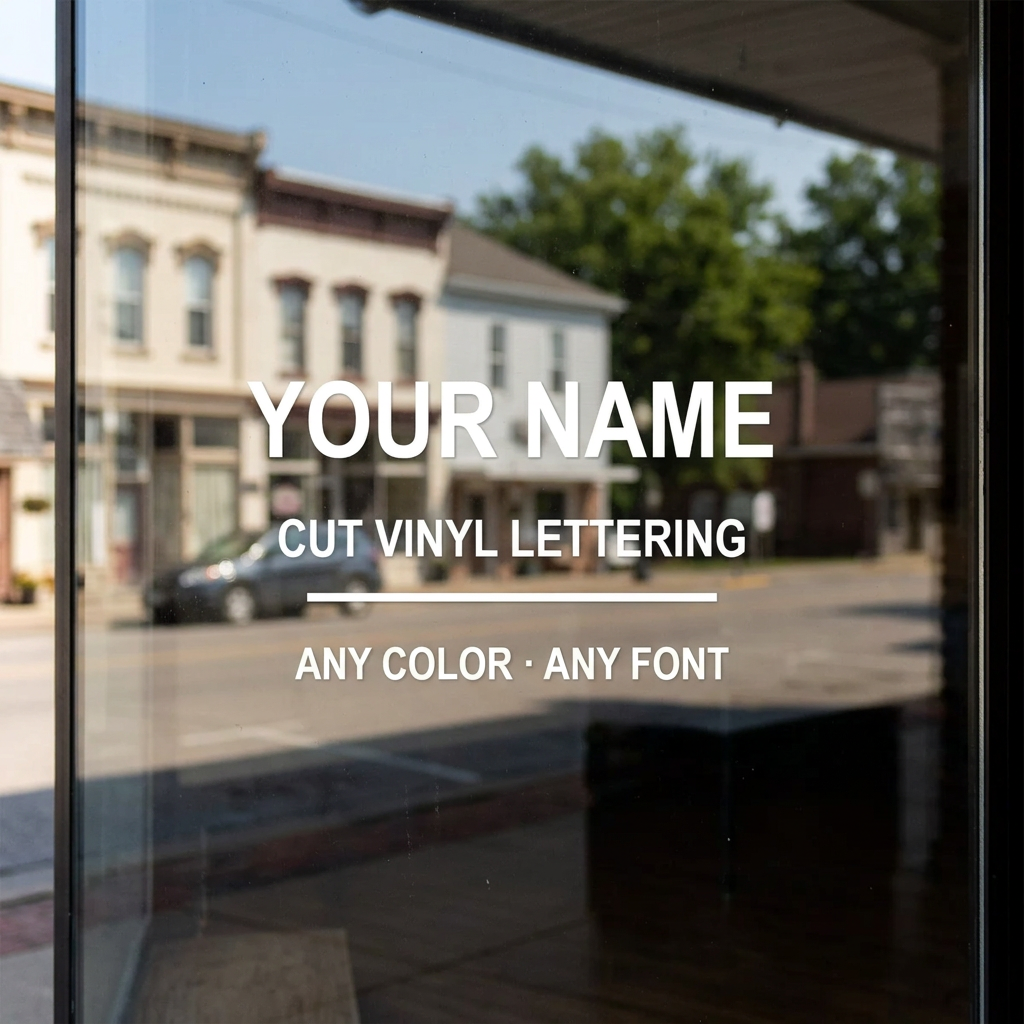Die-cut vinyl lettering on a storefront window