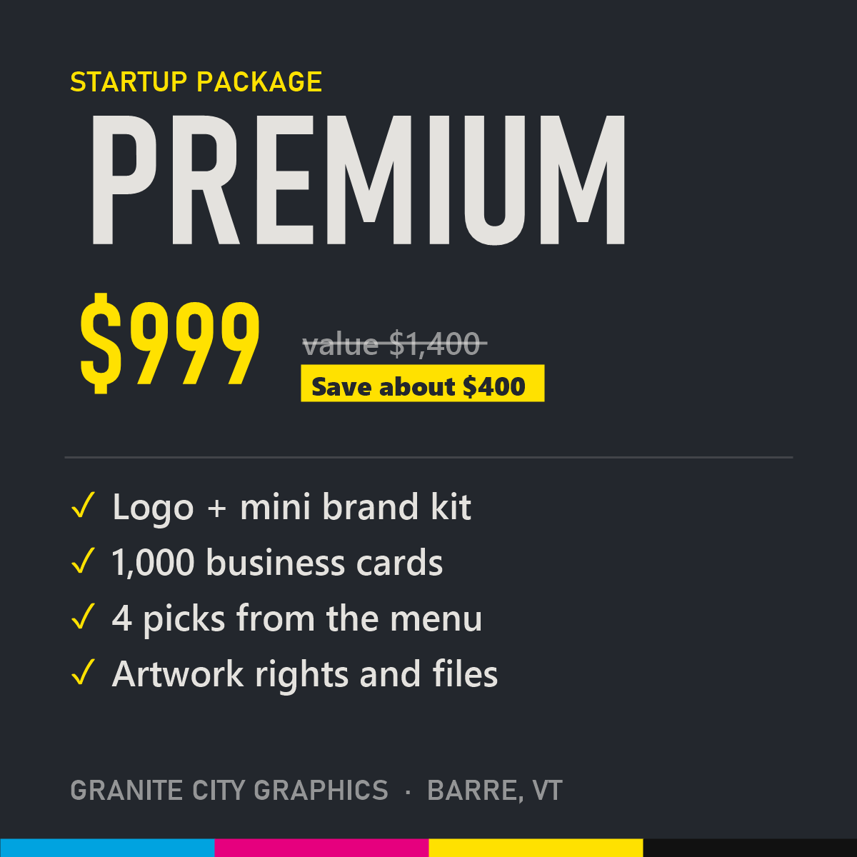 Premium business package: logo and brand kit, 1,000 business cards, 4 picks and artwork files, $999