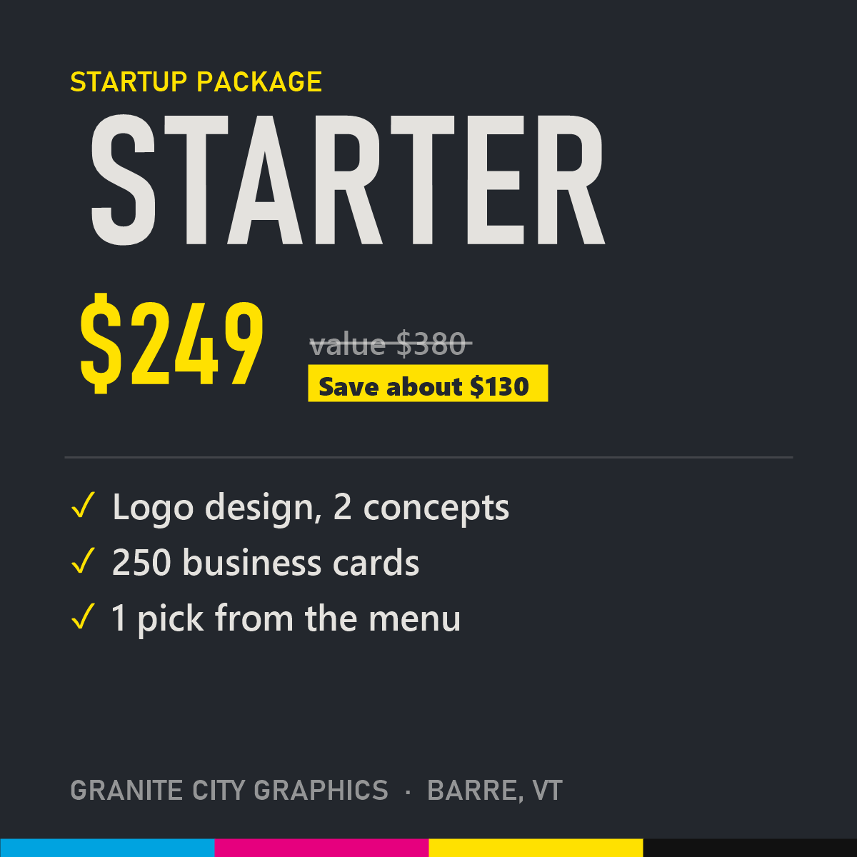 Starter business package: logo, 250 business cards and 1 pick, $249