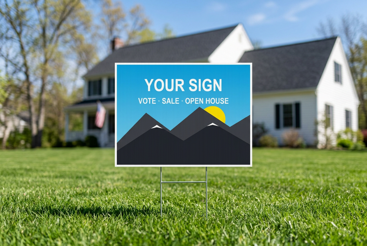 Custom coroplast yard sign on a wire H-stake in a lawn