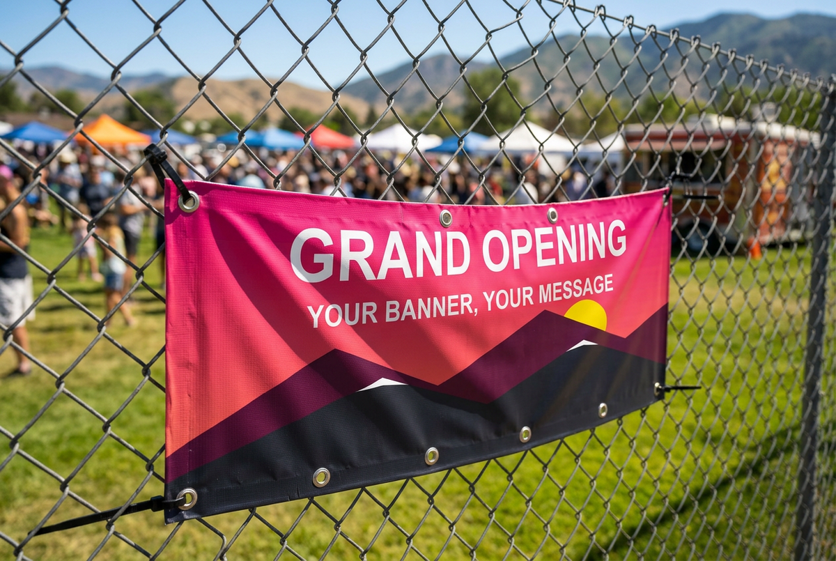 Custom printed vinyl banner with grommets hung on a fence