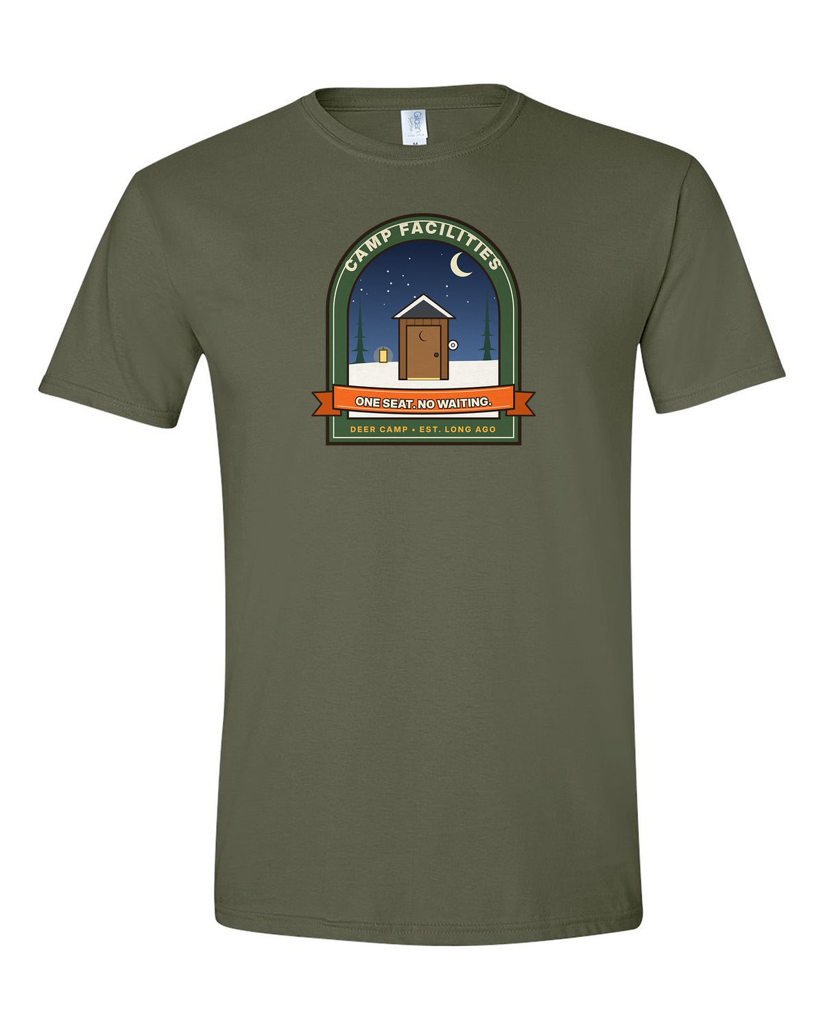 Camp Facilities: One Seat. No Waiting. - Funny Outhouse Deer Camp T-Shirt