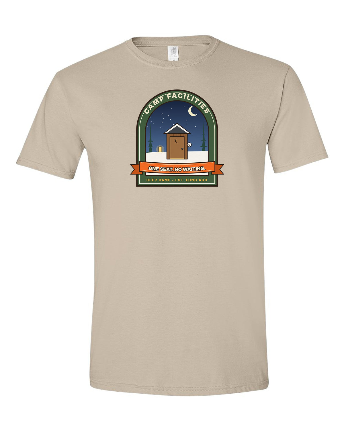 Camp Facilities: One Seat. No Waiting. - Funny Outhouse Deer Camp T-Shirt