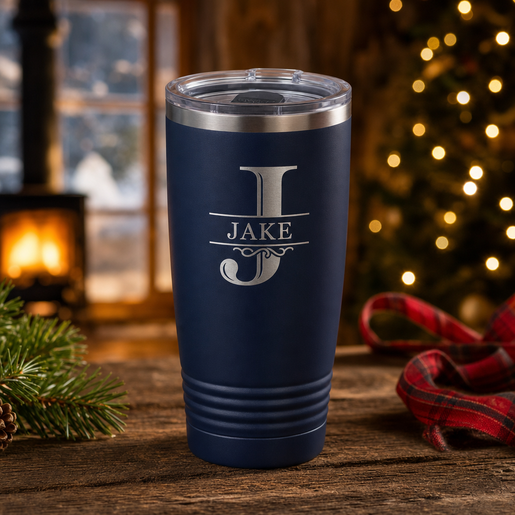 Navy 20 oz tumbler laser engraved with a monogram and the name Jake, on a rustic table with Christmas lights