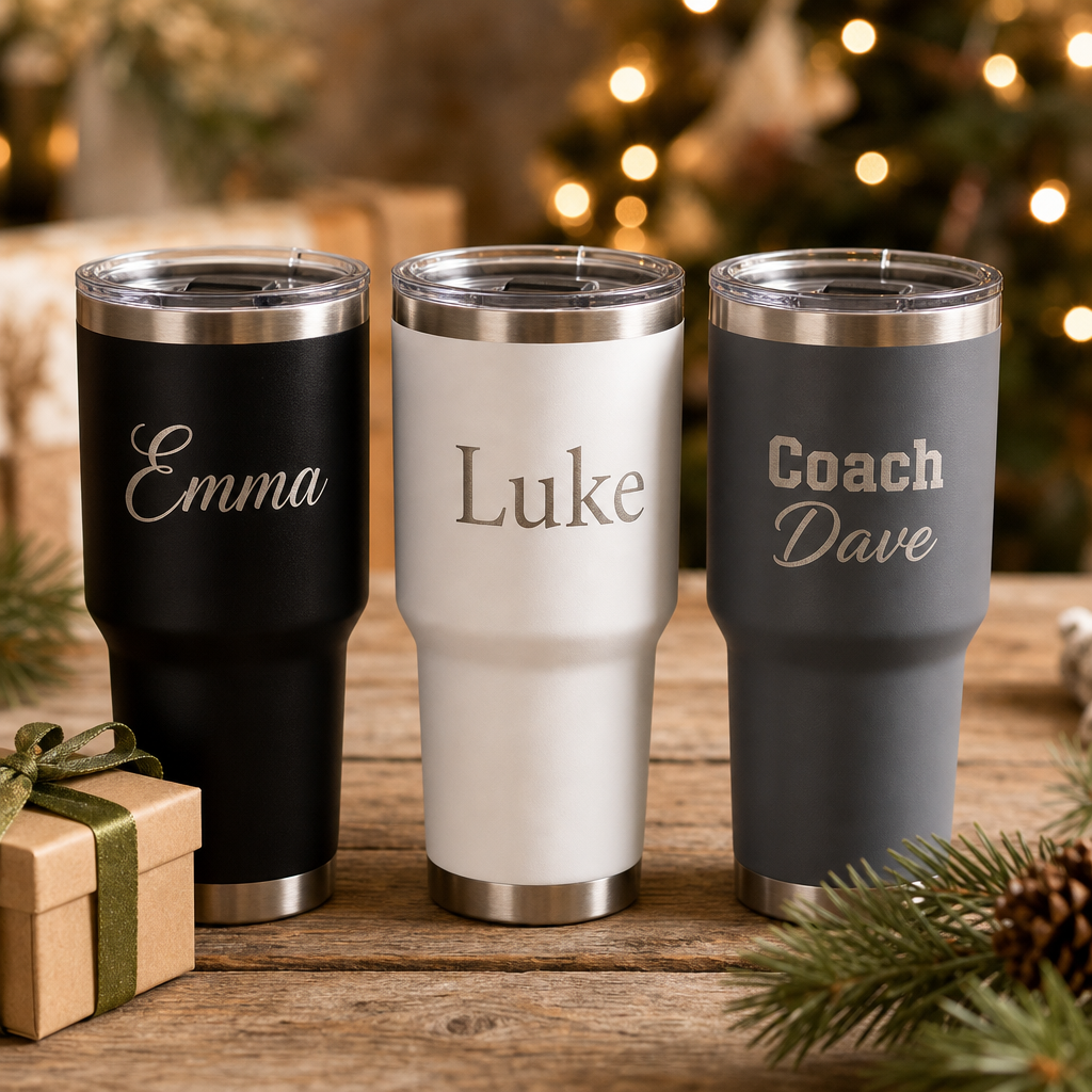 Three engraved insulated tumblers in black, white and graphite with the names Emma, Luke and Coach Dave