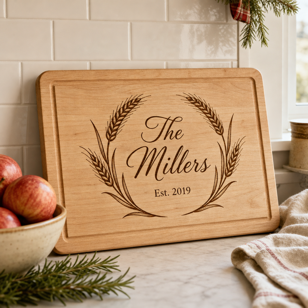Maple cutting board engraved with The Millers Est. 2019 and a wheat wreath, in a cozy kitchen