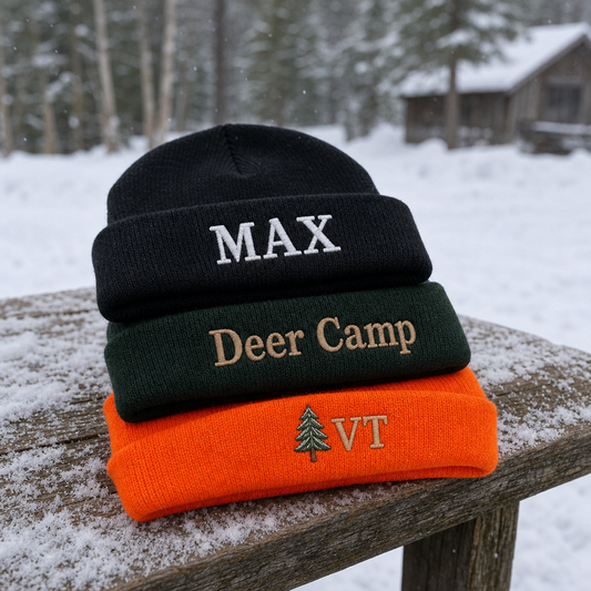 Three custom embroidered cuffed beanies in black, forest green and safety orange stacked on a snowy bench