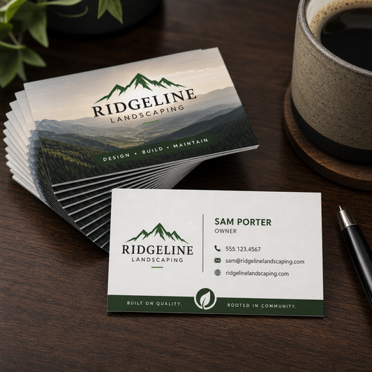 Sample full-color custom business cards, front and back, fanned on a wooden desk