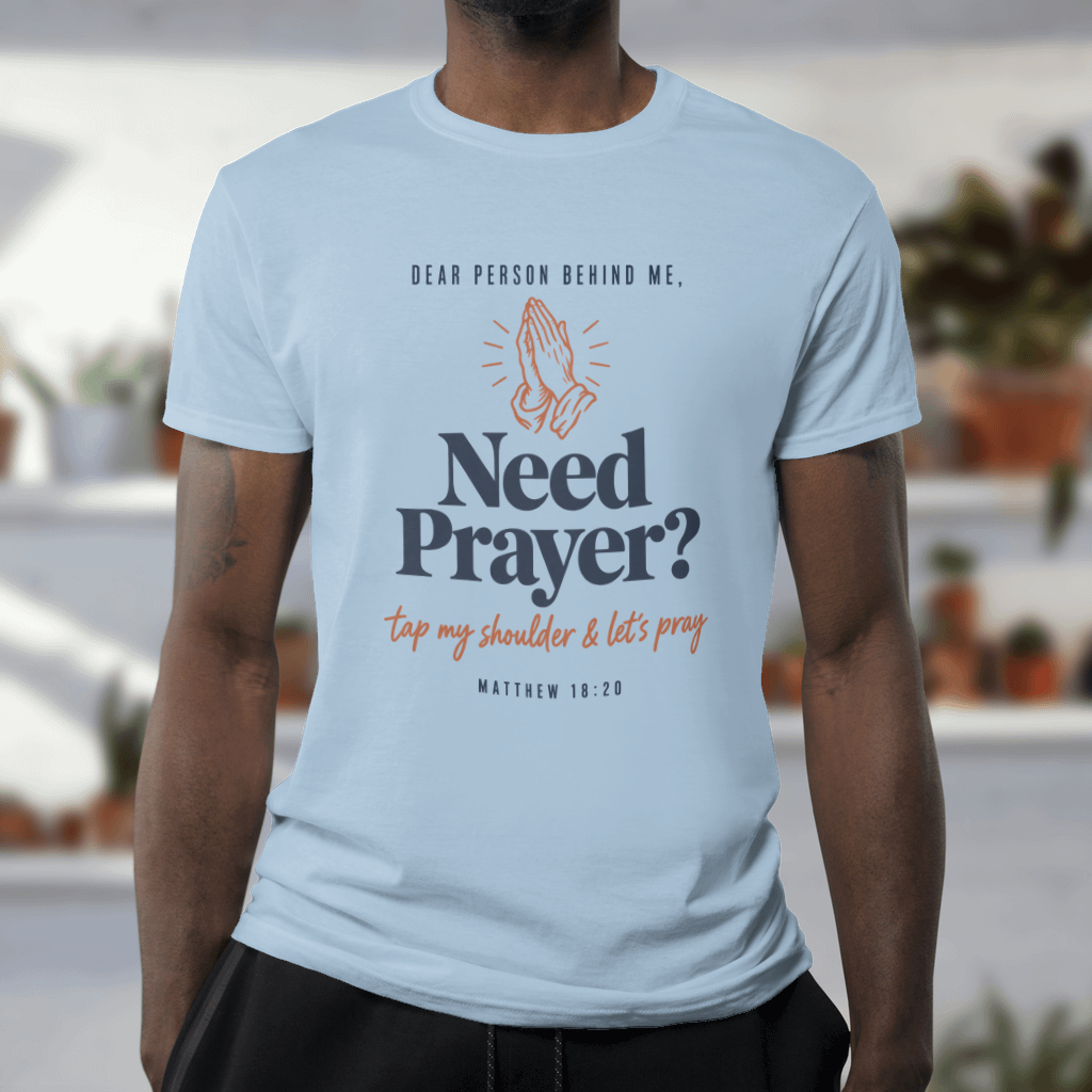 Need Prayer? Tap My Shoulder – Softstyle Tee in Light Blue