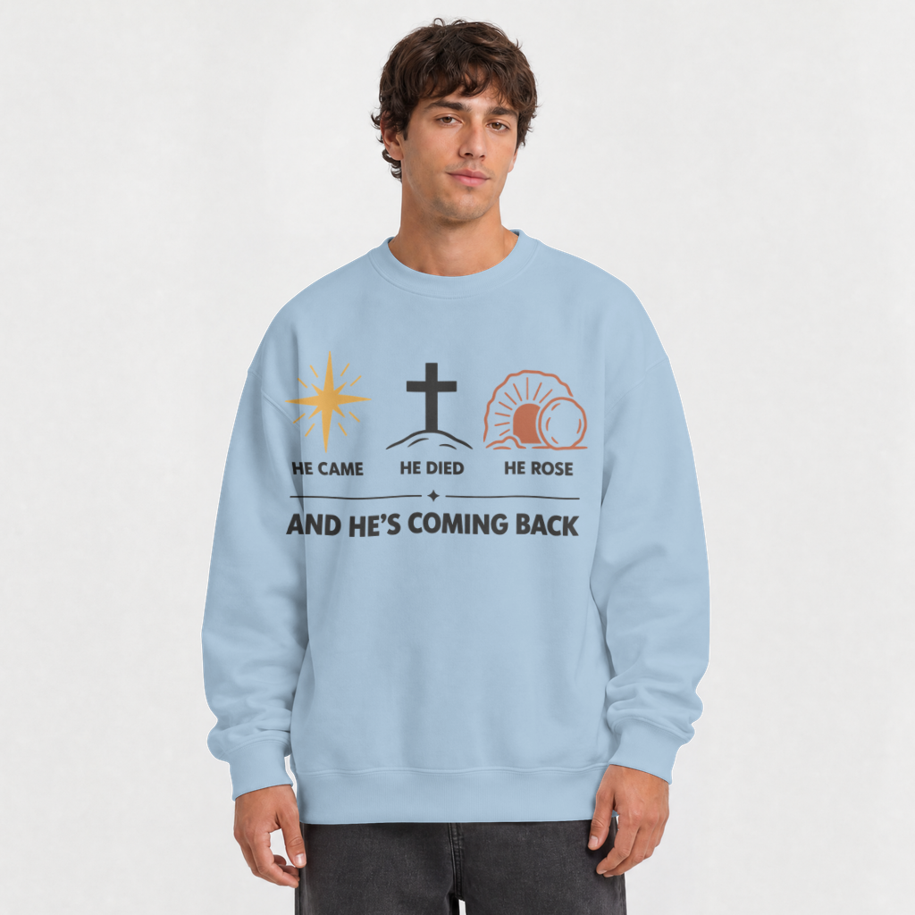 He Came. He Died. He Rose. – Crewneck Sweatshirt in Light Blue