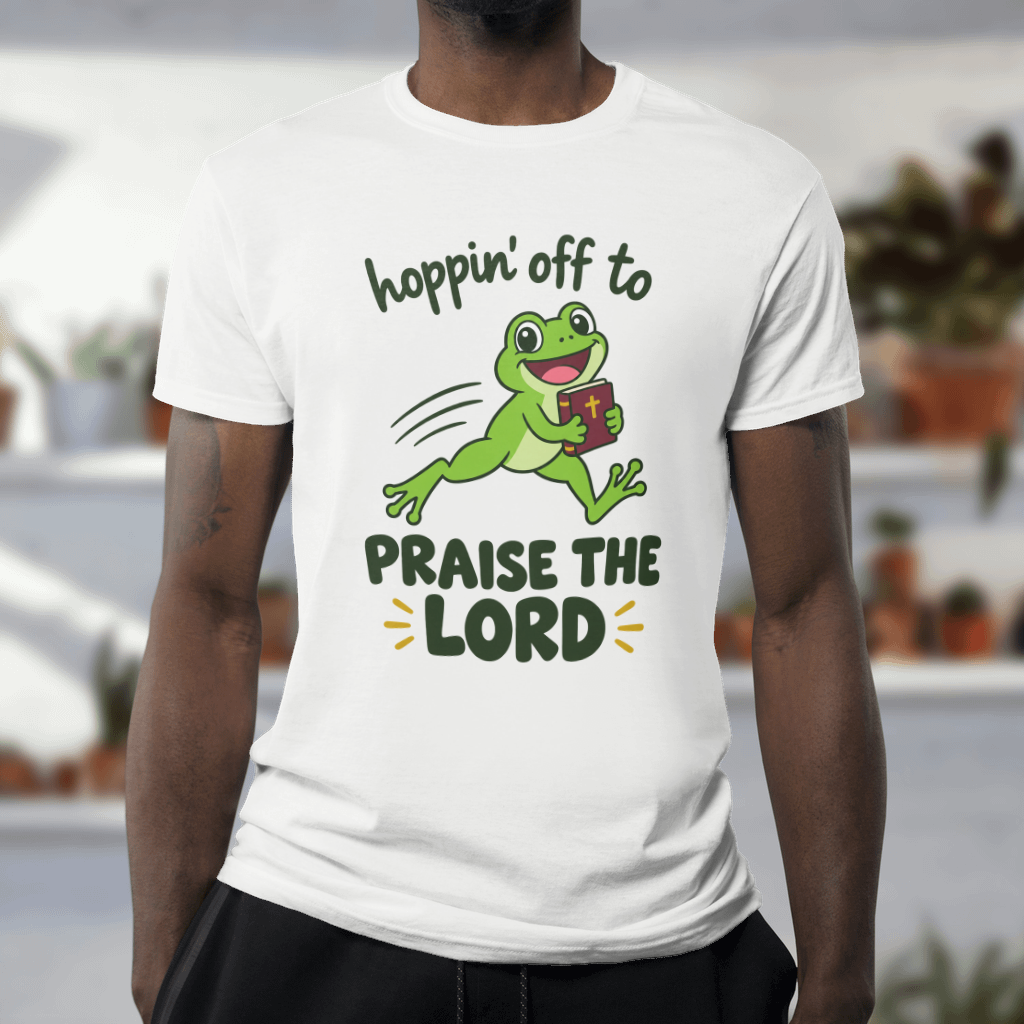 Hoppin' Off to Praise the Lord Shirt – Funny Frog Christian Tee – Softstyle Tee in White