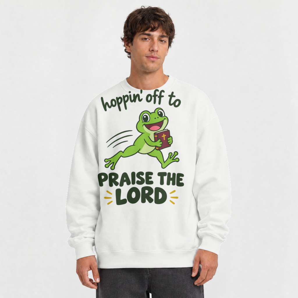 Hoppin' Off to Praise the Lord Shirt – Funny Frog Christian Tee – Crewneck Sweatshirt in White