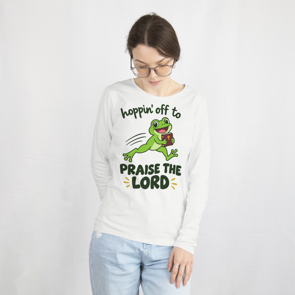 Hoppin' Off to Praise the Lord Shirt – Funny Frog Christian Tee – Long Sleeve Tee in White