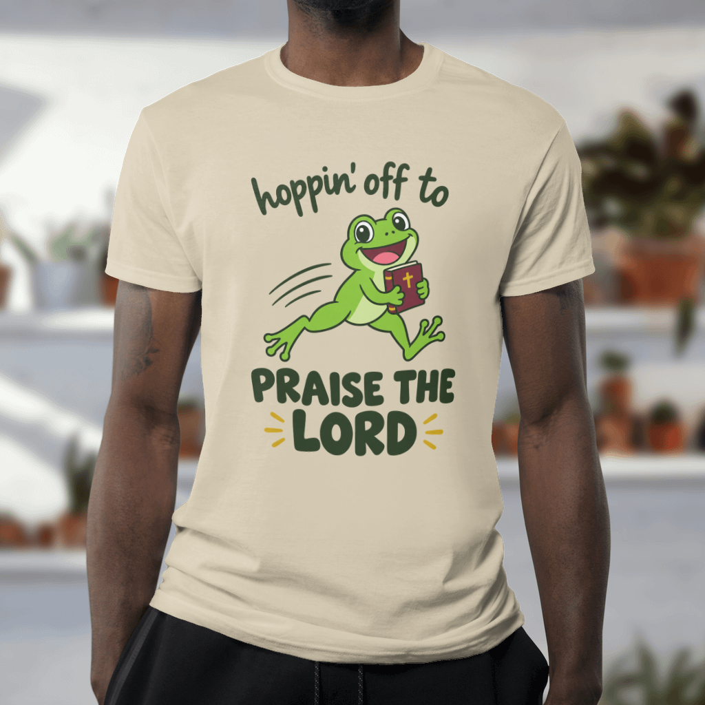Hoppin' Off to Praise the Lord Shirt – Funny Frog Christian Tee – Softstyle Tee in Sand