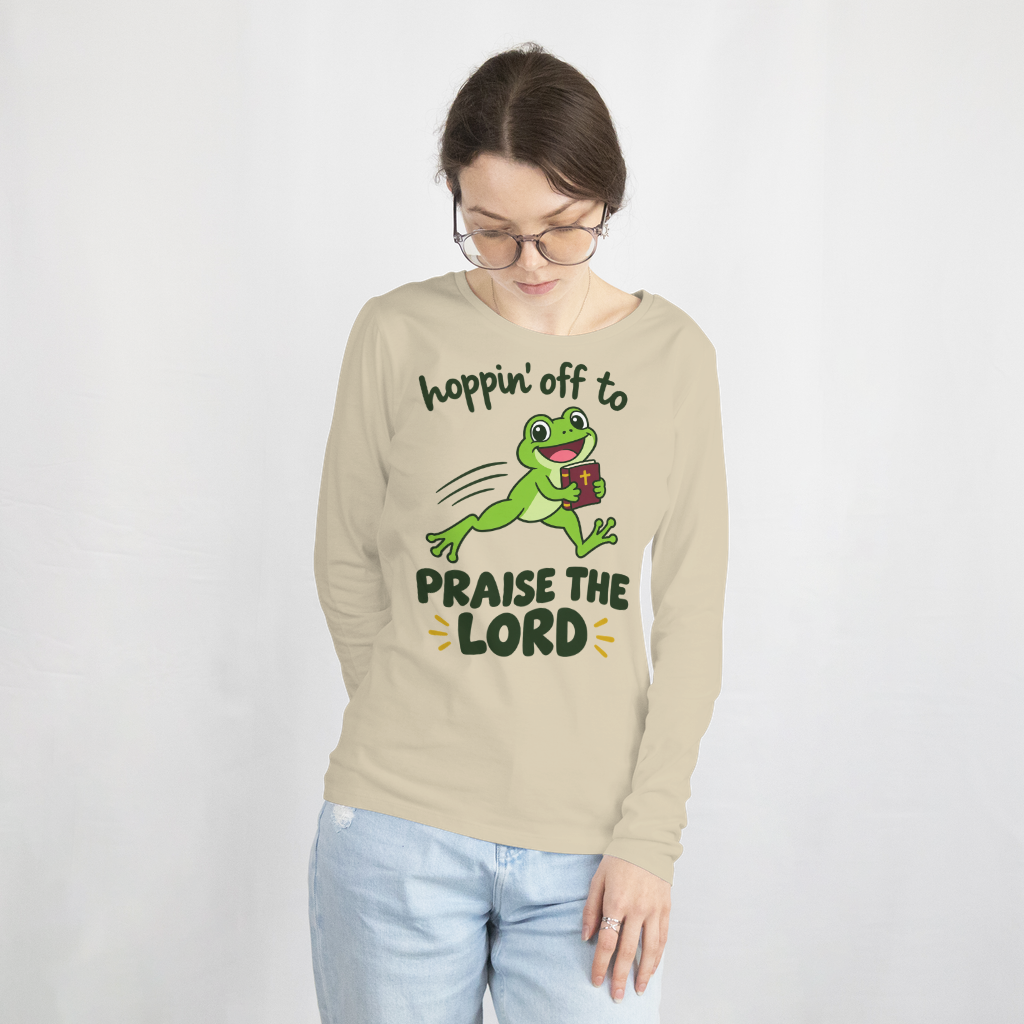 Hoppin' Off to Praise the Lord Shirt – Funny Frog Christian Tee – Long Sleeve Tee in Sand