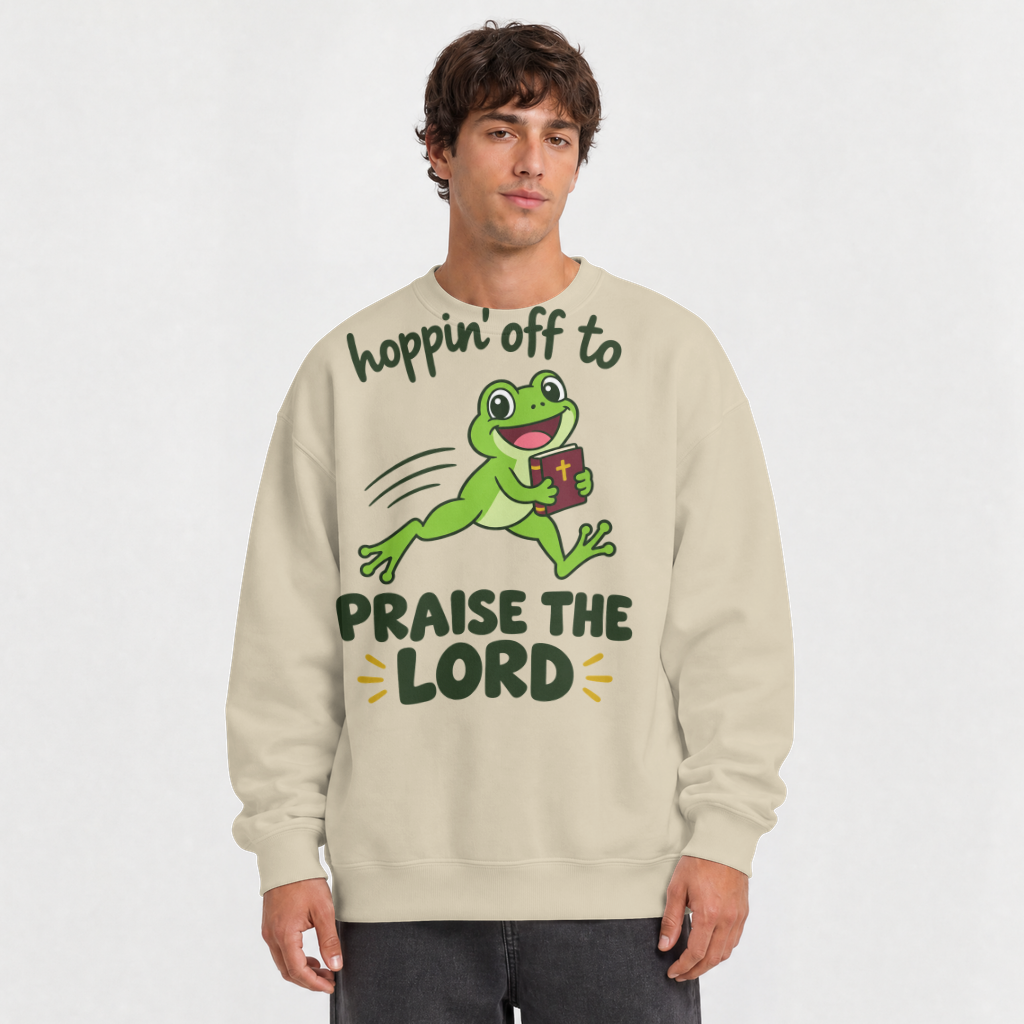 Hoppin' Off to Praise the Lord Shirt – Funny Frog Christian Tee – Crewneck Sweatshirt in Sand