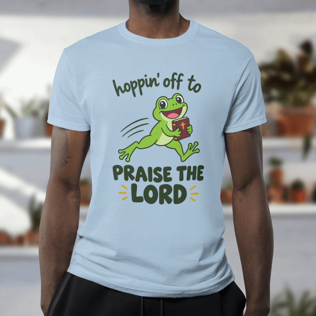 Hoppin' Off to Praise the Lord Shirt – Funny Frog Christian Tee – Softstyle Tee in Light Blue