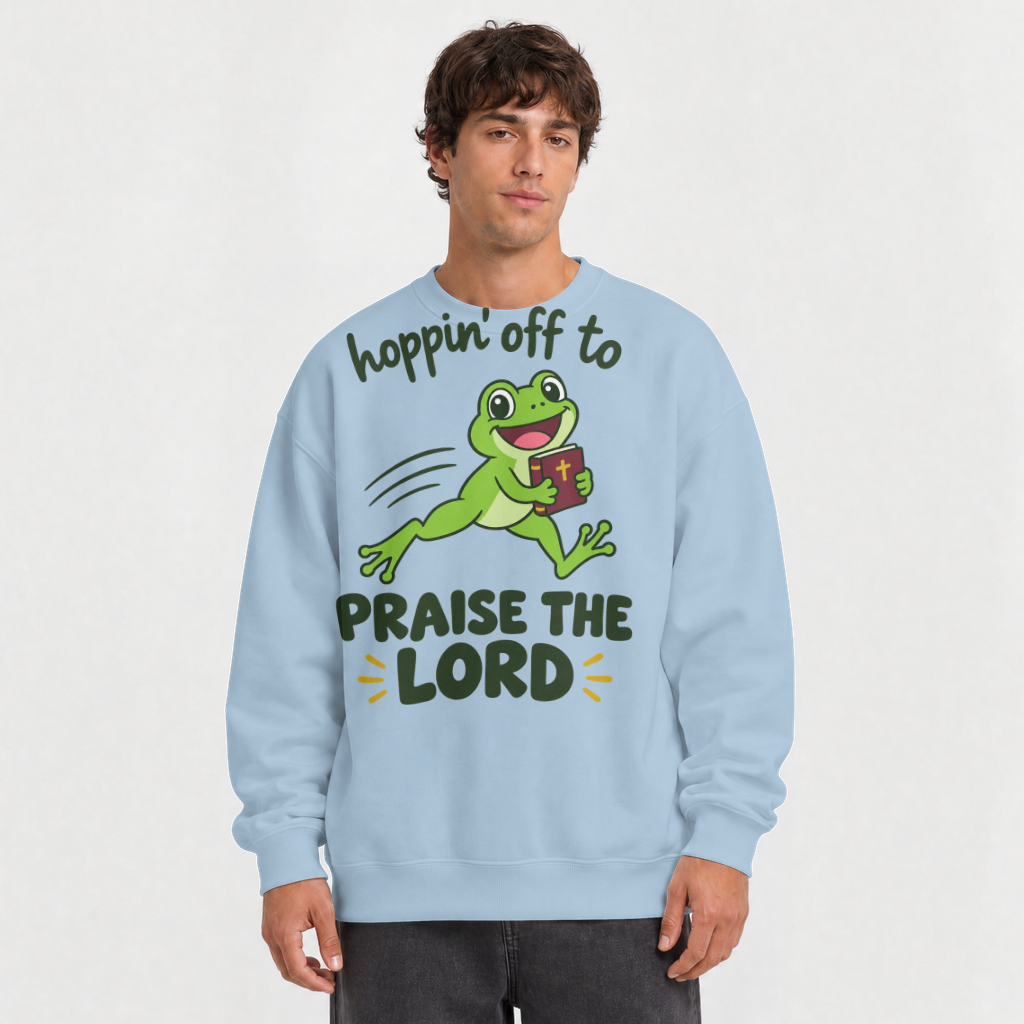 Hoppin' Off to Praise the Lord Shirt – Funny Frog Christian Tee – Crewneck Sweatshirt in Light Blue