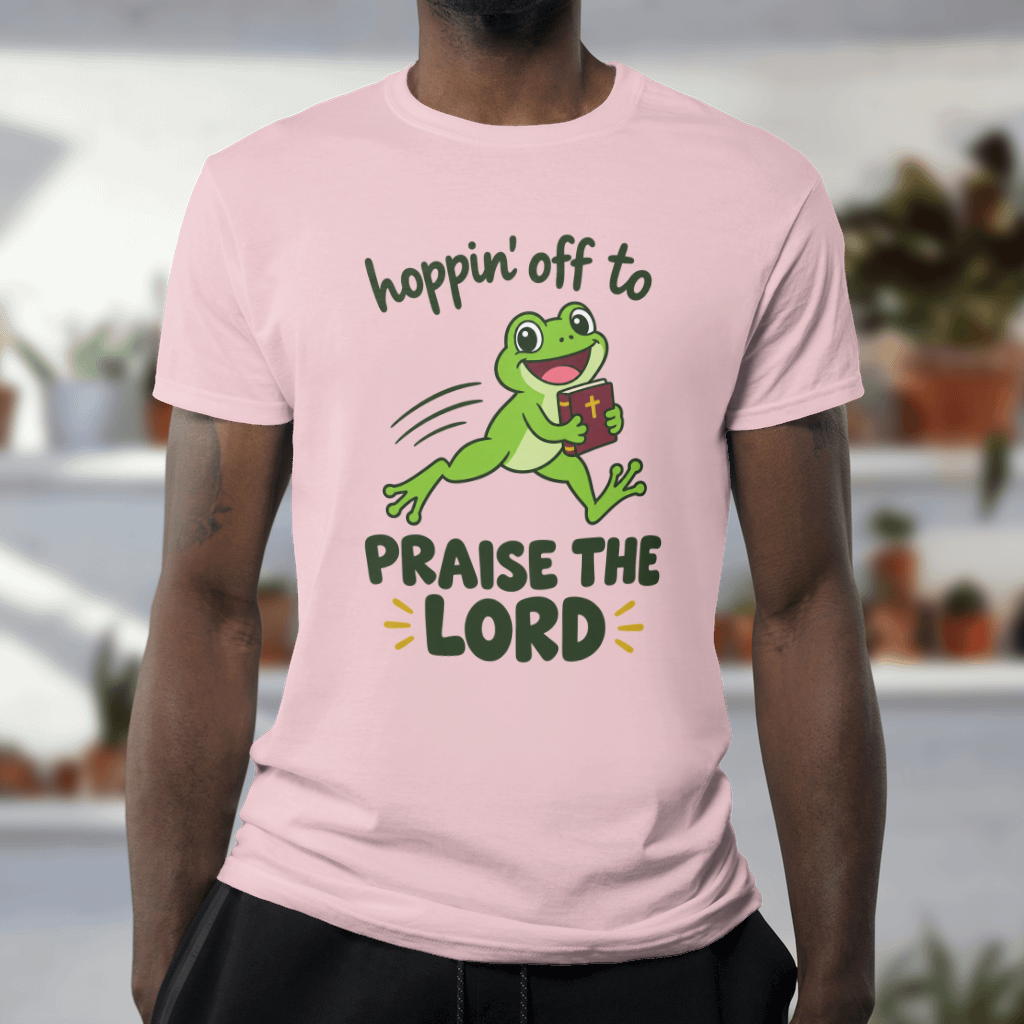 Hoppin' Off to Praise the Lord Shirt – Funny Frog Christian Tee – Softstyle Tee in Light Pink