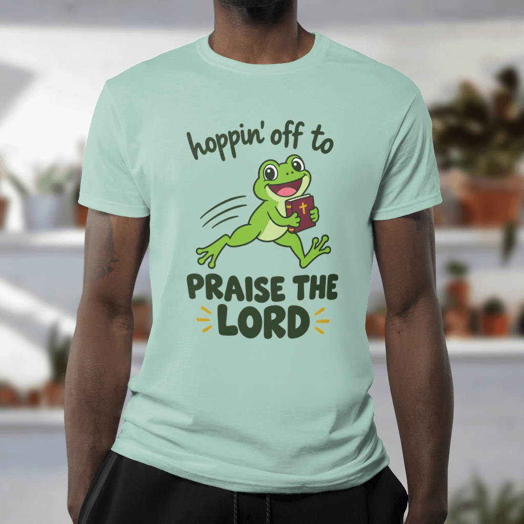 Hoppin' Off to Praise the Lord Shirt – Funny Frog Christian Tee – Comfort Colors tee in Chalky Mint