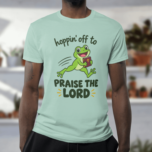 Hoppin' Off to Praise the Lord Shirt – Funny Frog Christian Tee – Comfort Colors tee in Chalky Mint