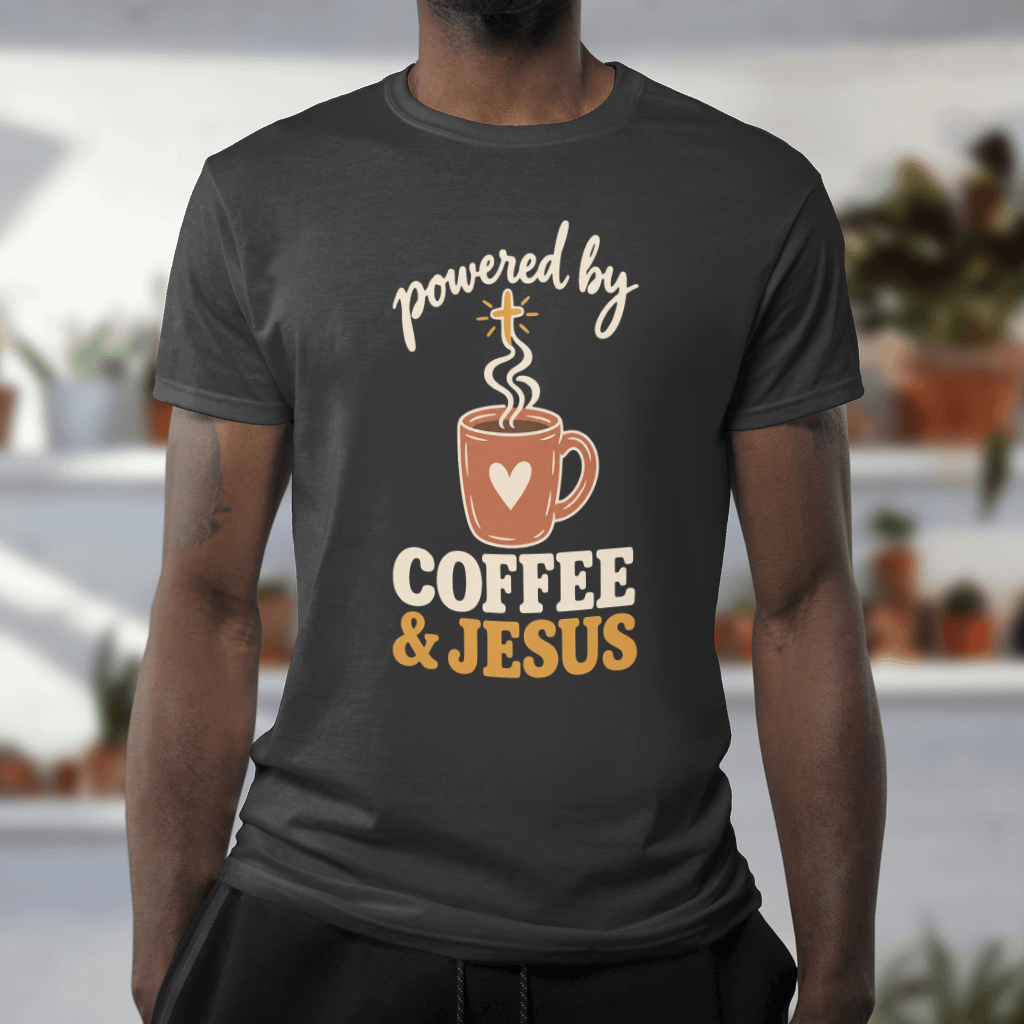 Powered by Coffee & Jesus Shirt – Christian Tee & Sweatshirt – Softstyle Tee in Black