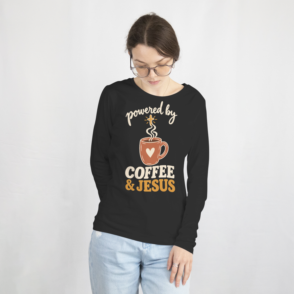 Powered by Coffee & Jesus Shirt – Christian Tee & Sweatshirt – Long Sleeve Tee in Black