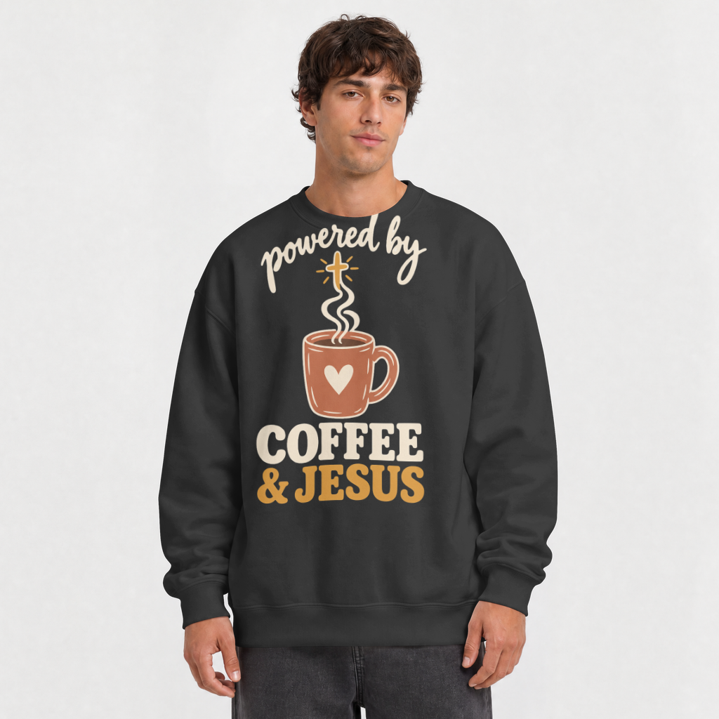 Powered by Coffee & Jesus Shirt – Christian Tee & Sweatshirt – Crewneck Sweatshirt in Black