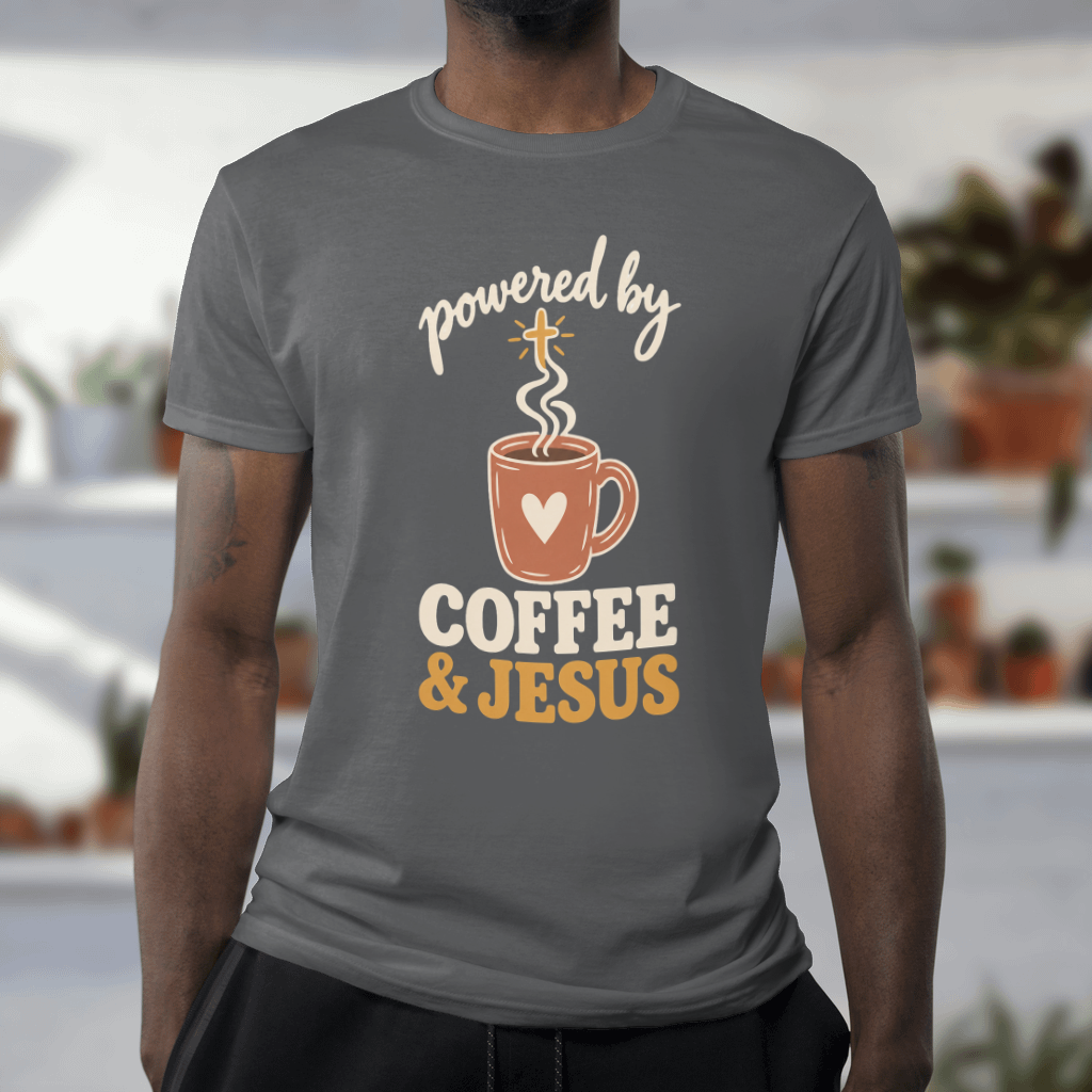 Powered by Coffee & Jesus Shirt – Christian Tee & Sweatshirt – Softstyle Tee in Charcoal