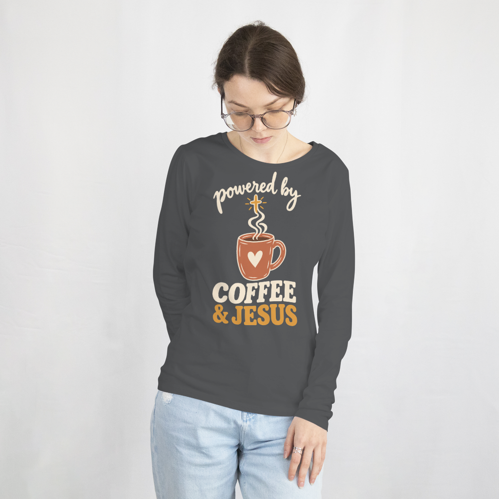 Powered by Coffee & Jesus Shirt – Christian Tee & Sweatshirt – Long Sleeve Tee in Charcoal