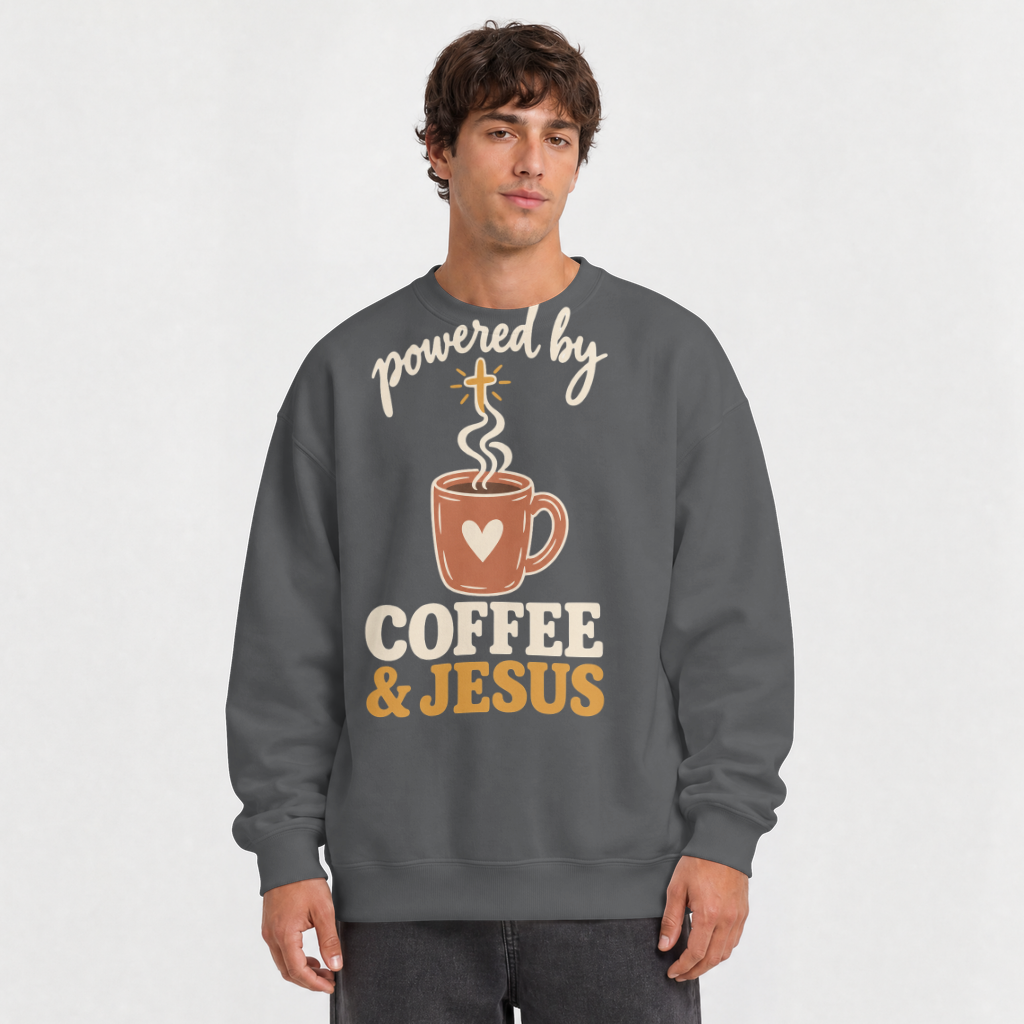 Powered by Coffee & Jesus Shirt – Christian Tee & Sweatshirt – Crewneck Sweatshirt in Charcoal
