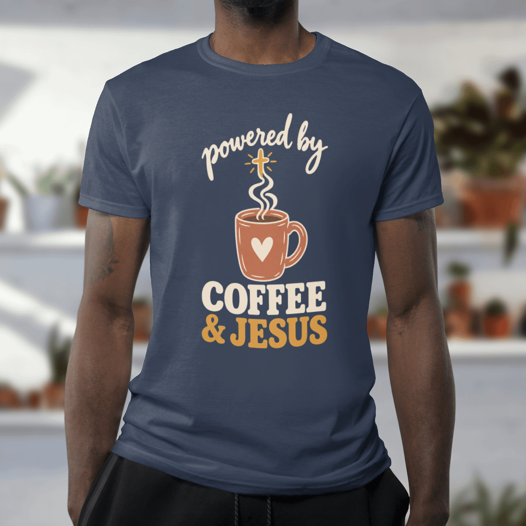 Powered by Coffee & Jesus Shirt – Christian Tee & Sweatshirt – Softstyle Tee in Navy