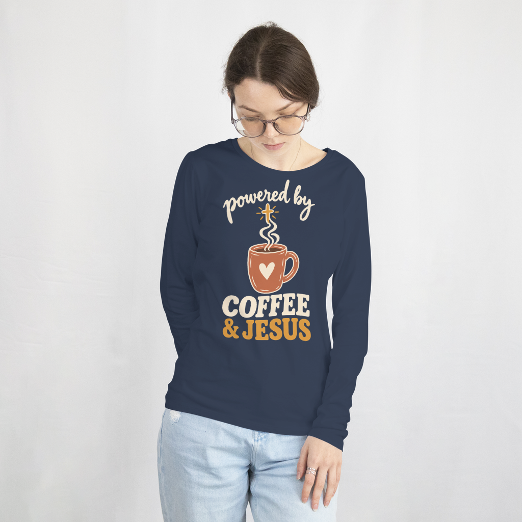 Powered by Coffee & Jesus Shirt – Christian Tee & Sweatshirt – Long Sleeve Tee in Navy
