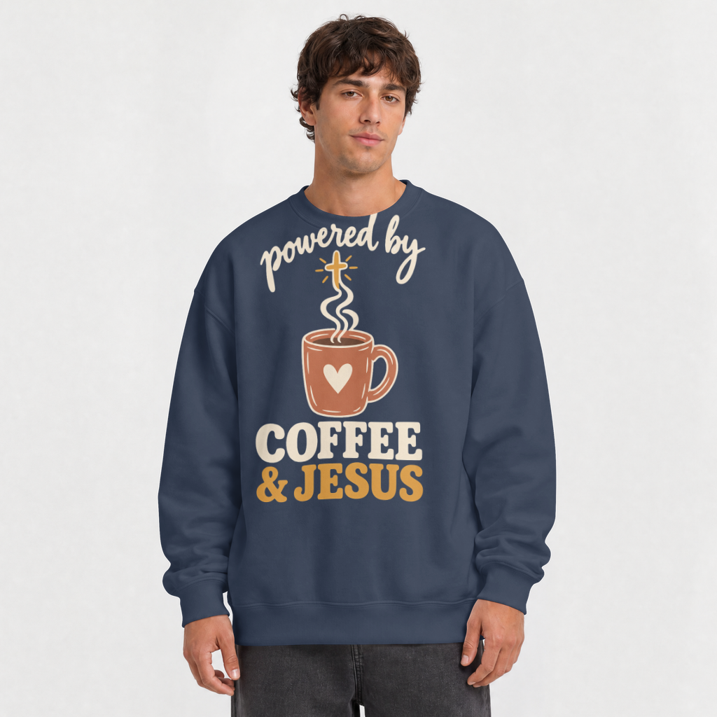 Powered by Coffee & Jesus Shirt – Christian Tee & Sweatshirt – Crewneck Sweatshirt in Navy