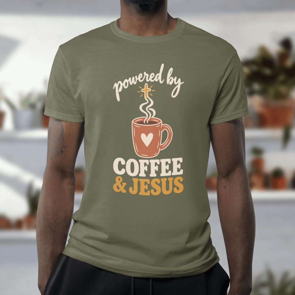 Powered by Coffee & Jesus Shirt – Christian Tee & Sweatshirt – Softstyle Tee in Military Green