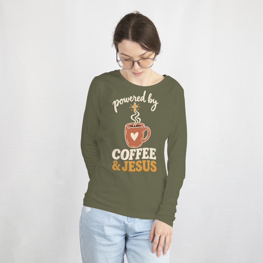 Powered by Coffee & Jesus Shirt – Christian Tee & Sweatshirt – Long Sleeve Tee in Military Green