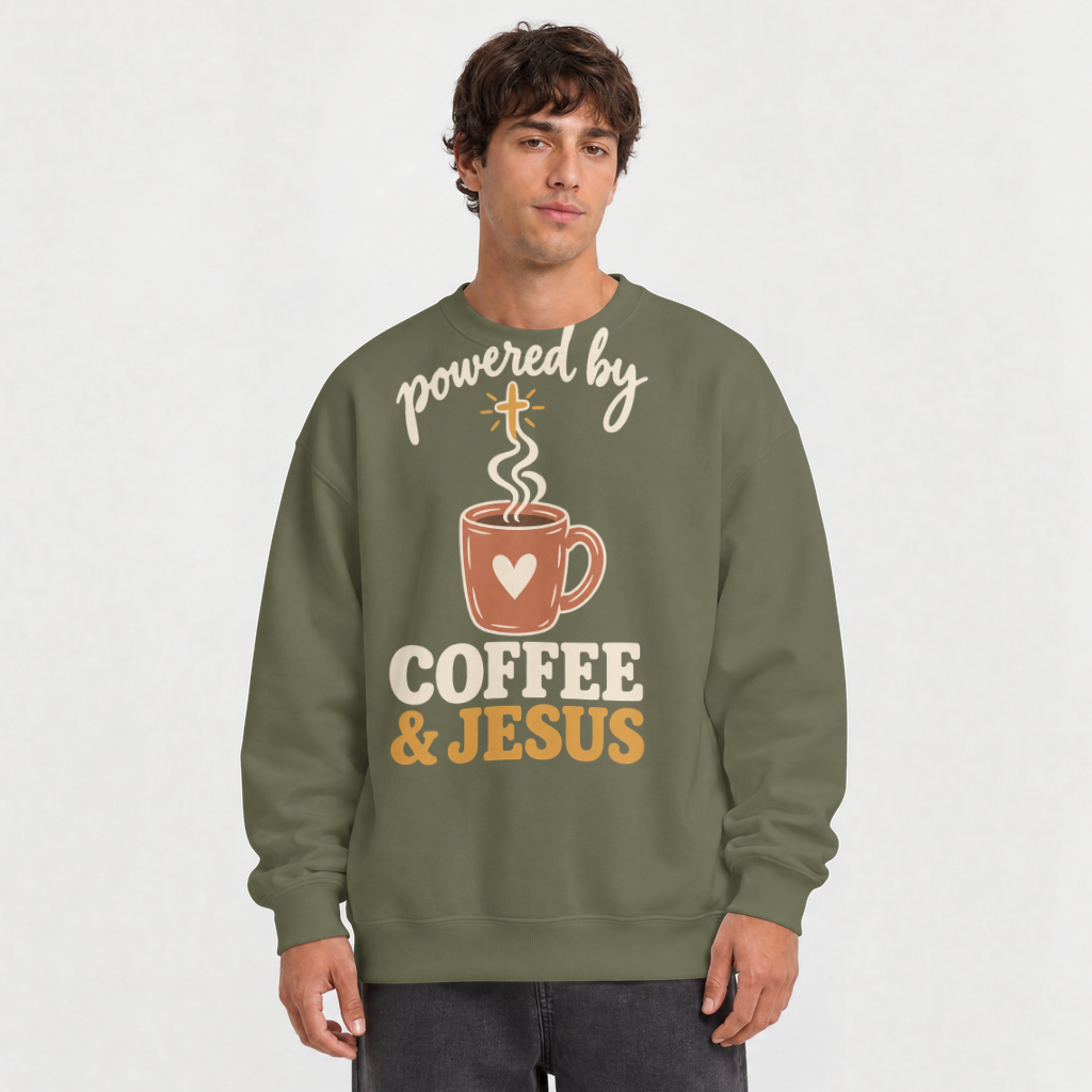 Powered by Coffee & Jesus Shirt – Christian Tee & Sweatshirt – Crewneck Sweatshirt in Military Green