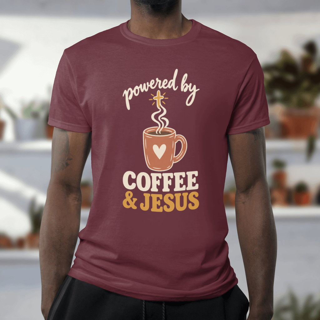 Powered by Coffee & Jesus Shirt – Christian Tee & Sweatshirt – Softstyle Tee in Maroon