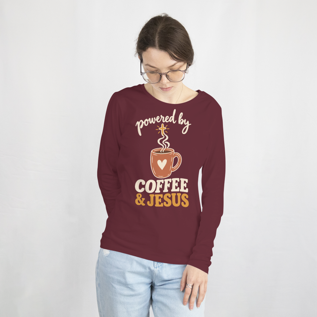Powered by Coffee & Jesus Shirt – Christian Tee & Sweatshirt – Long Sleeve Tee in Maroon