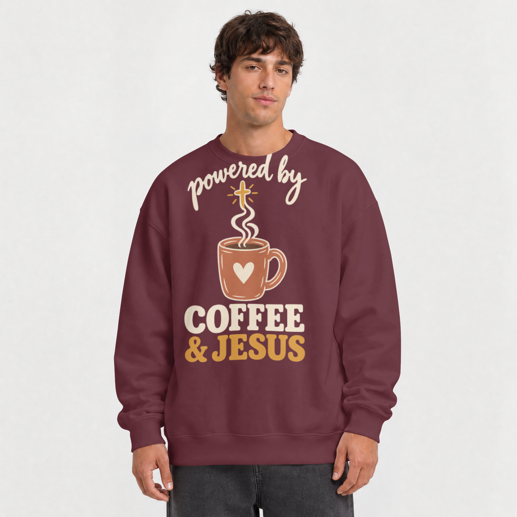 Powered by Coffee & Jesus Shirt – Christian Tee & Sweatshirt – Crewneck Sweatshirt in Maroon