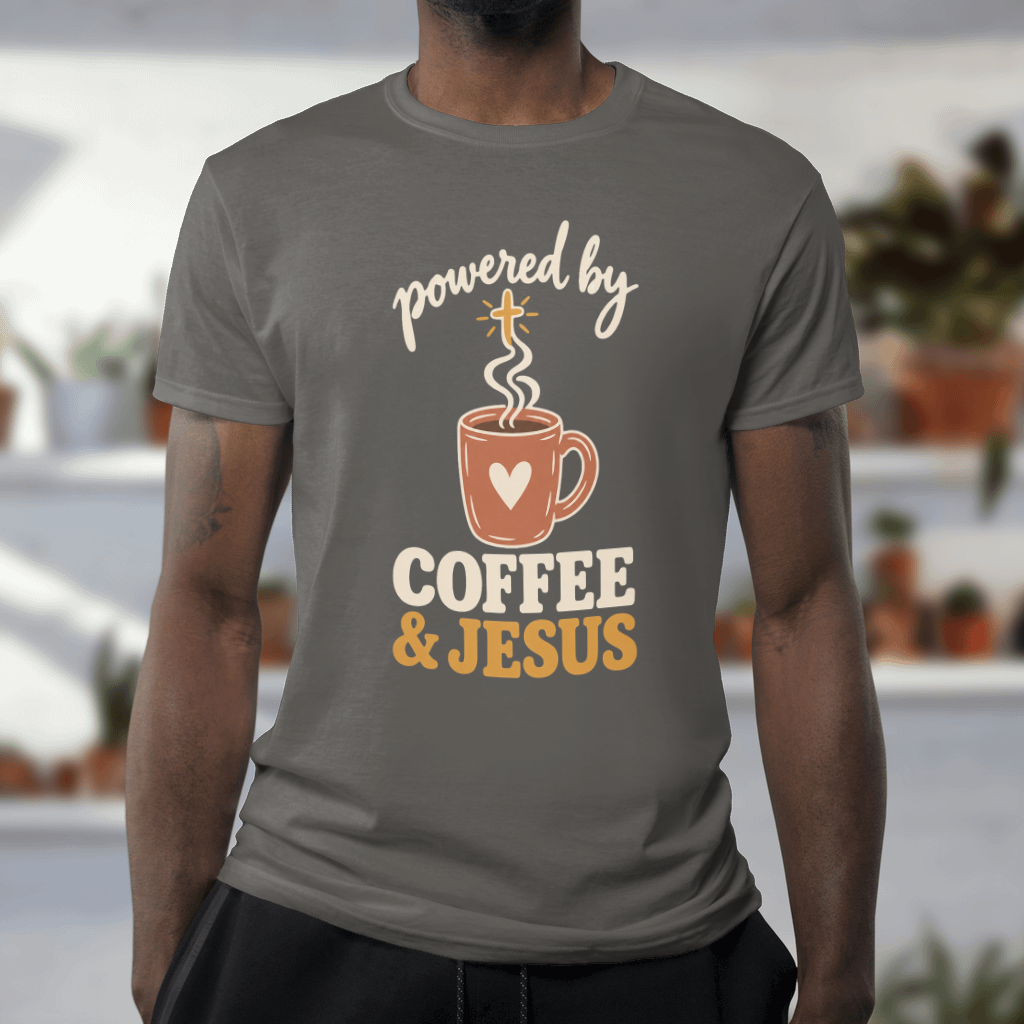 Powered by Coffee & Jesus Shirt – Christian Tee & Sweatshirt – Comfort Colors tee in Pepper