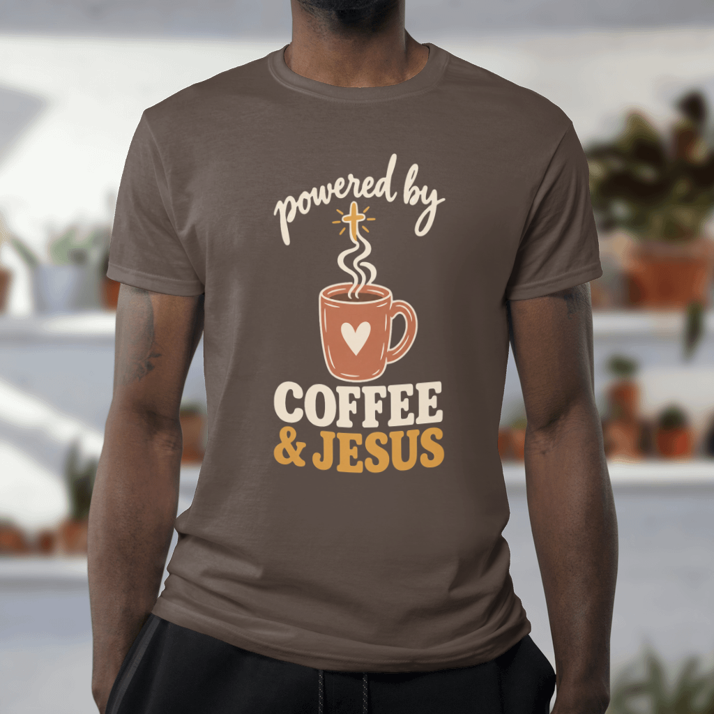 Powered by Coffee & Jesus Shirt – Christian Tee & Sweatshirt – Comfort Colors Tee in Espresso
