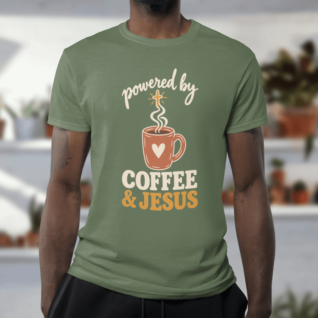 Powered by Coffee & Jesus Shirt – Christian Tee & Sweatshirt – Comfort Colors Tee in Moss