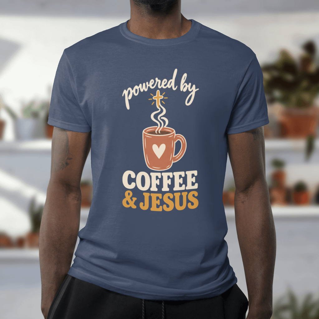 Powered by Coffee & Jesus Shirt – Christian Tee & Sweatshirt – Comfort Colors Tee in True Navy