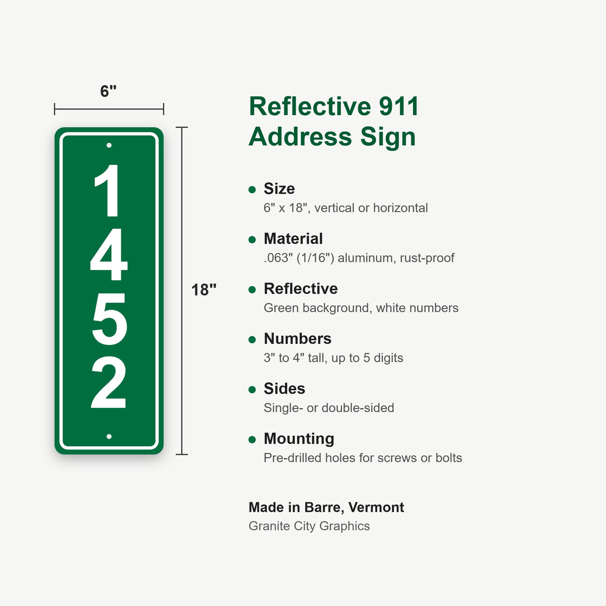 911 address sign specifications: 6 x 18 inches, aluminum, reflective, 3 to 4 inch numbers, pre-drilled holes