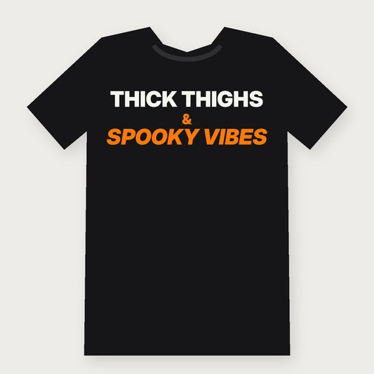 Thick Thighs and Spooky Vibes Funny Halloween T-Shirt on black