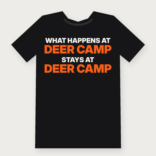 What Happens at Deer Camp Stays at Deer Camp Funny Hunting T-Shirt on black