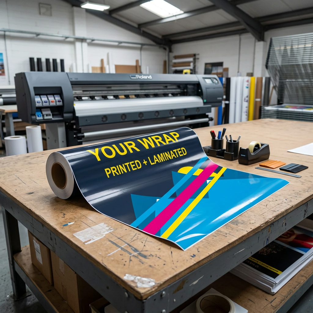Roll of custom printed and laminated wrap vinyl